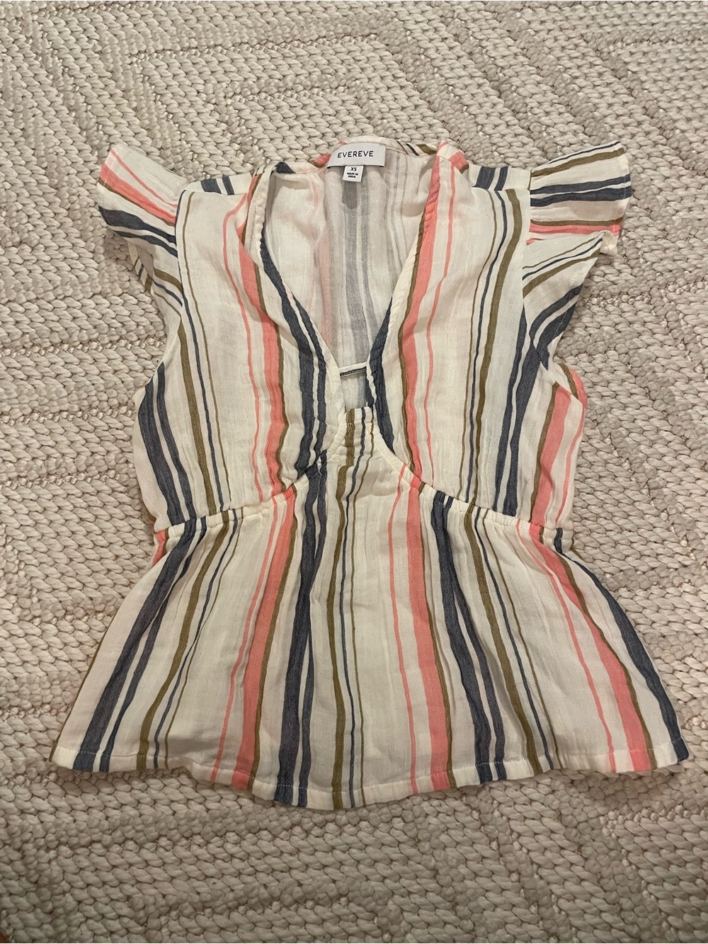 Evereve Cream Multicolor Vertical Stripe Flutter Sleeve Tunic